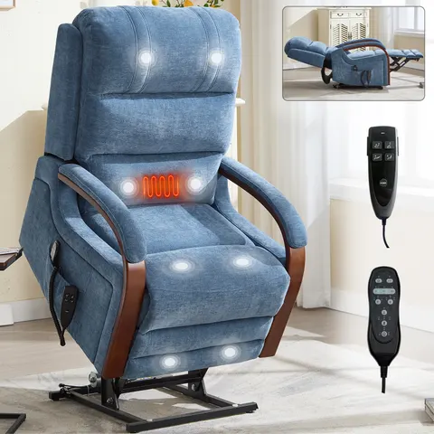 Power Blue Chenille Lift Recliner Chair Dual Motor Infinite