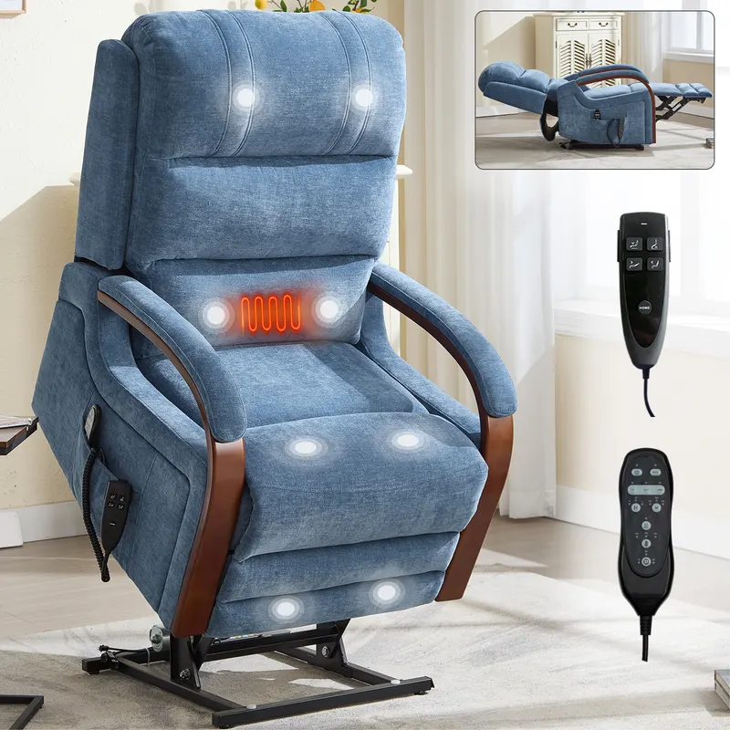 Power Blue Chenille Lift Recliner Chair Dual Motor Infinite
