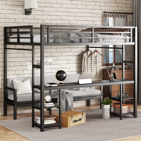Queen Over Twin XL Metal Bunk Bed Loft Bed with Desk and Shelves