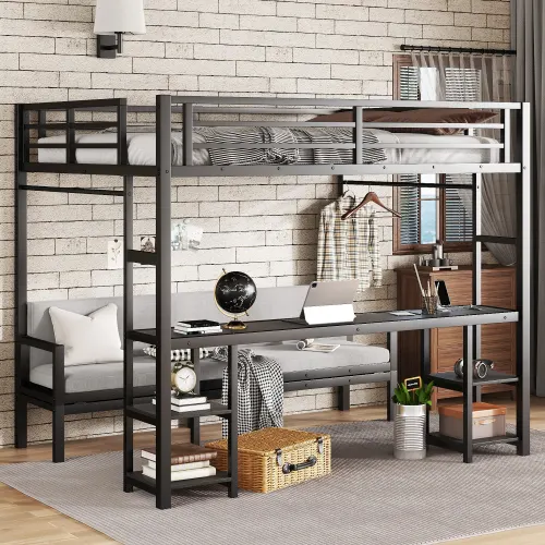 Queen Over Twin XL Metal Bunk Bed Loft Bed with Desk and Shelves