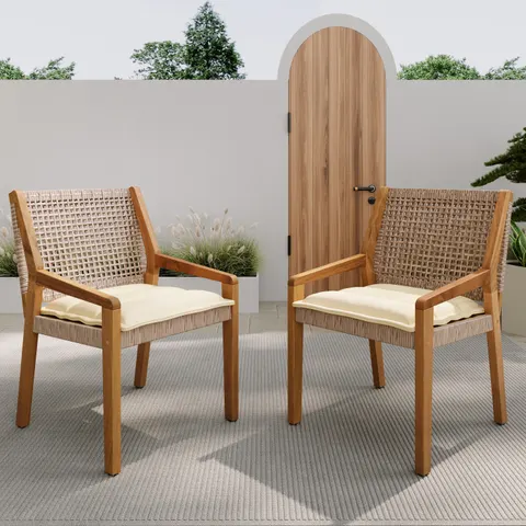 OUTDOOR DINING CHAIR -acacia Wood & Wicker with Cream Cushion