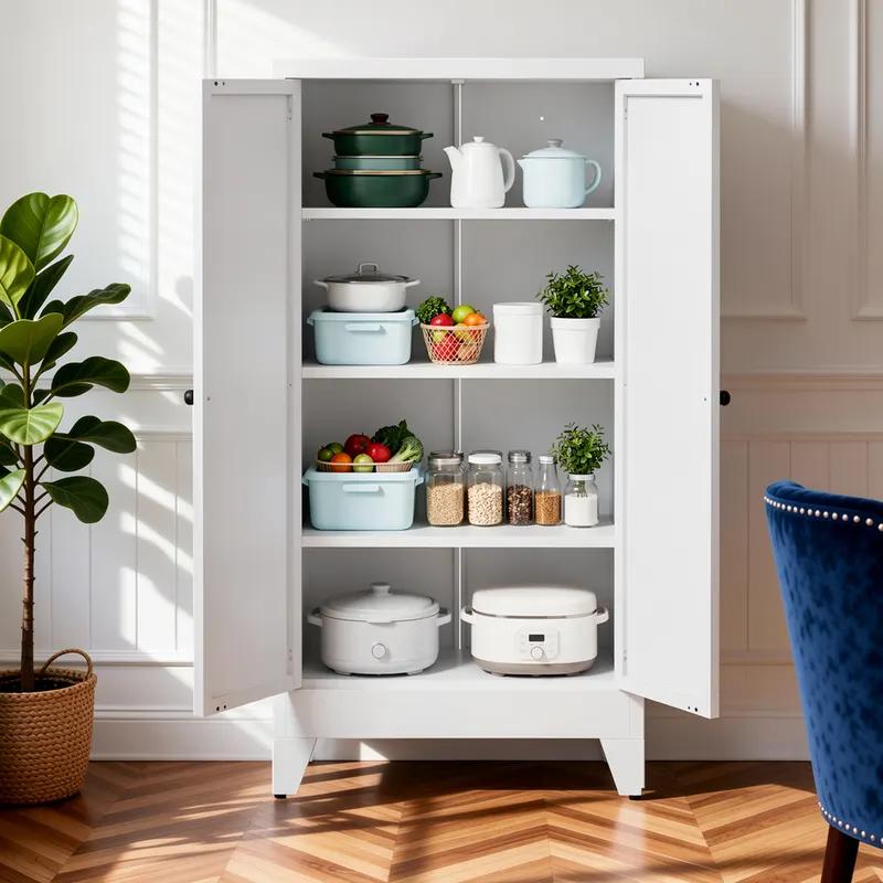 47.3 White Metal Kitchen Pantry Cabinet Adjustable Storage