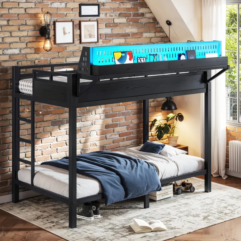 Twin XL Over Twin XL Size Metal Bunk Bed with Storage Shelves — photo 5