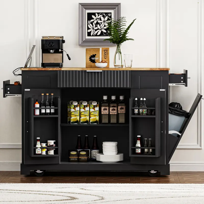 K&k Fluted Kitchen Island with Trash Can Storage Cabinet — photo 4