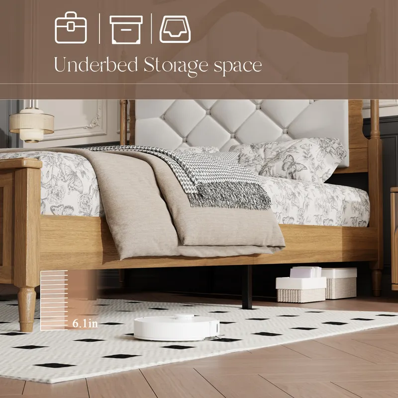 Queen Size Wood Bed Frame with Upholstered Headboard & Footboard — photo 2