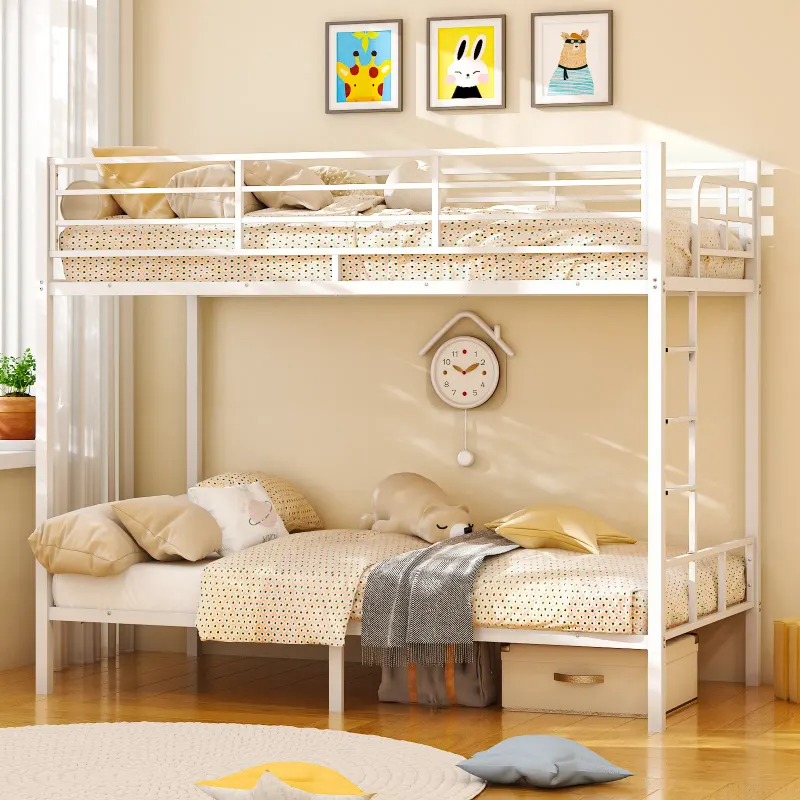 White Twin Bunk Bed Square Tube High Guardrail Side Ladder — photo 4