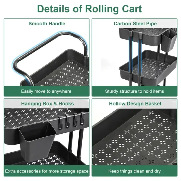 3 Tier Rolling Utility Cart Movable Storage Organizer with Mesh — photo 4