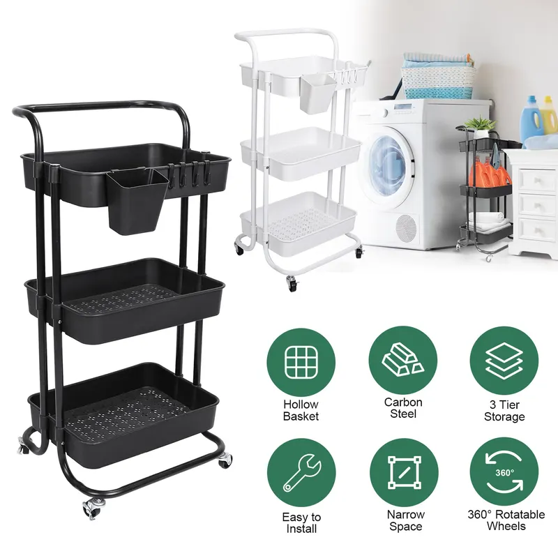 Black-white Color Options 1Pc 3 Tier Rolling Utility Cart — photo 6