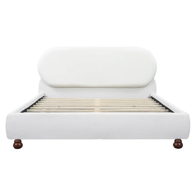 Cream-colored Boucle Upholstered Bed with Rubber Wood Foot — photo 3
