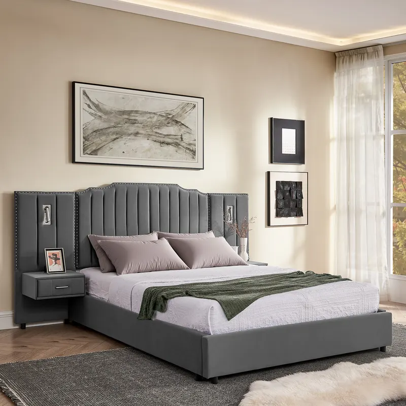 Queen Size Upholstered Bed Frame with Velvet Fabric — photo 4