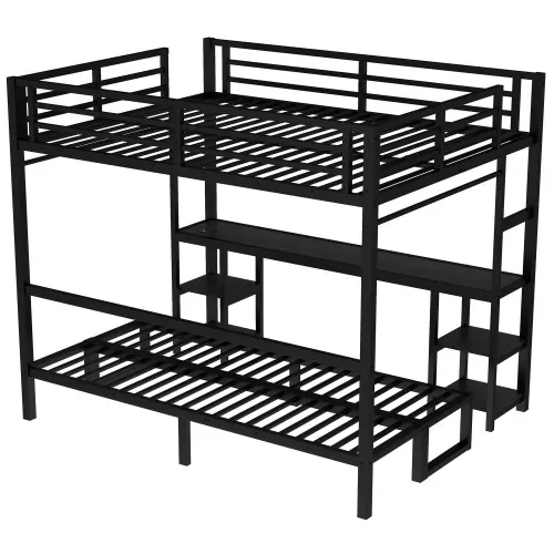Queen Over Twin XL Metal Bunk Bed Loft Bed with Desk and Shelves β photo 7