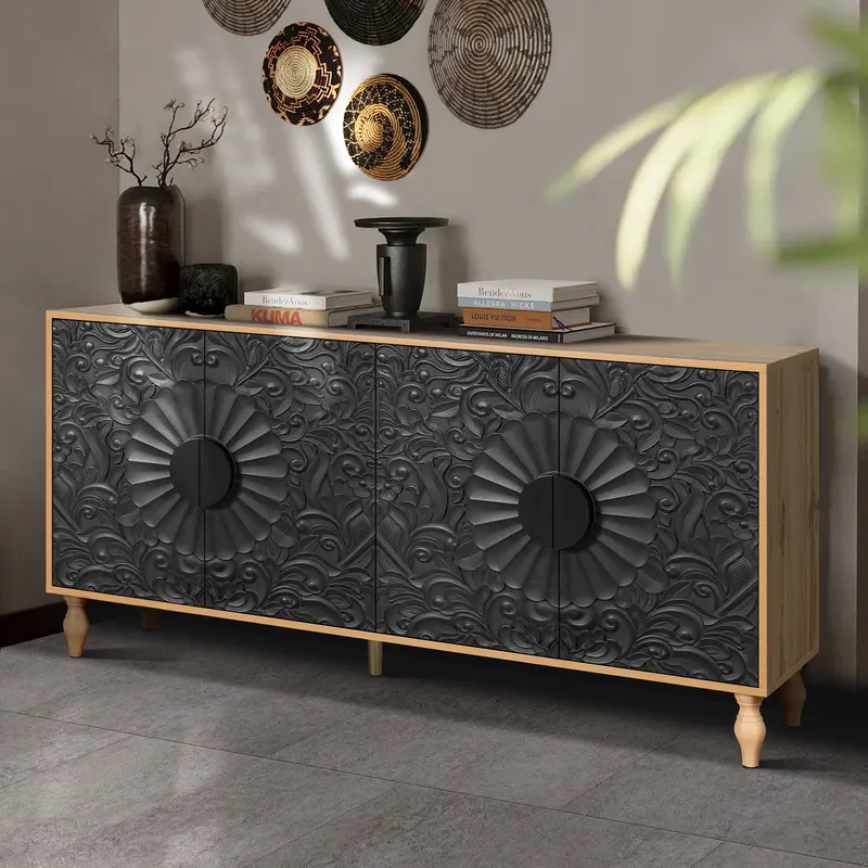 Black Carved Symmetrical Design Door and Wood Coloured Frame β photo 5