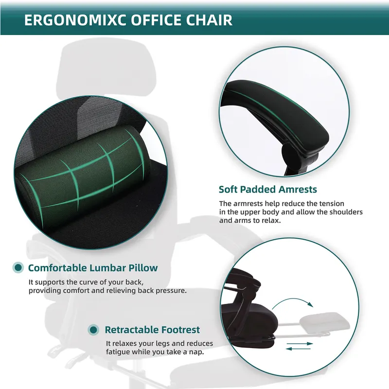 Retractable Footrest Ergonomic Swivel Office Chair with Lumbar — photo 7
