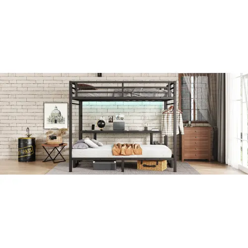 Queen Over Twin XL Metal Bunk Bed Loft Bed with Desk and Shelves β photo 6