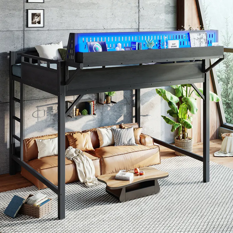 Queen Size Loft Bed Frame with Storage Shelves and Pegboard — photo 2