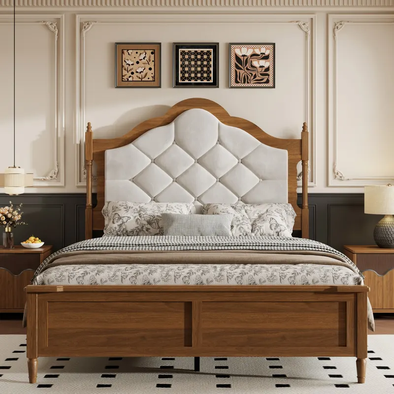 Queen Size Wood Bed Frame with Upholstered Headboard & Footboard — photo 7