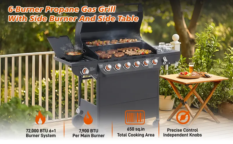 6 Burner BBQ Propane Gas Grill with Side Burner 72000 BTU Output β photo 5