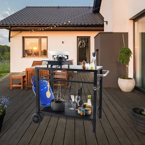 Outdoor Grill Dining Cart with Double-shelf