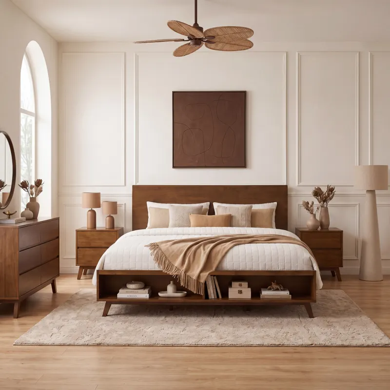 Walnut King Size Platform Bed Frame with Footboard Storage Space β photo 2