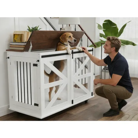 47.2 Mobile Dog Crate with Flip-top Feeding Door