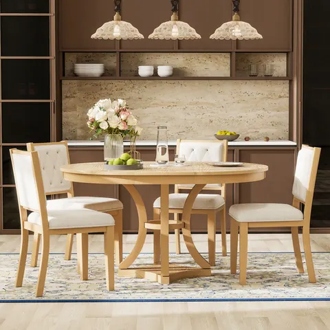 TREXM 5-Piece Retro Functional Dining Table Set Extendable Round