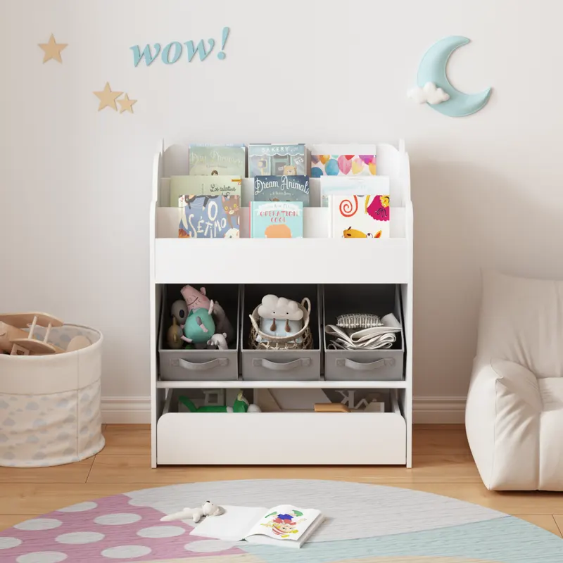 Kids Bookshelf with Storage Bins and Drawer — photo 3