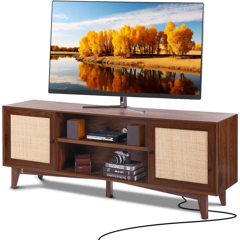 Rattan TV Stand for 75in TV — Boho TV Stand with Rattan Door