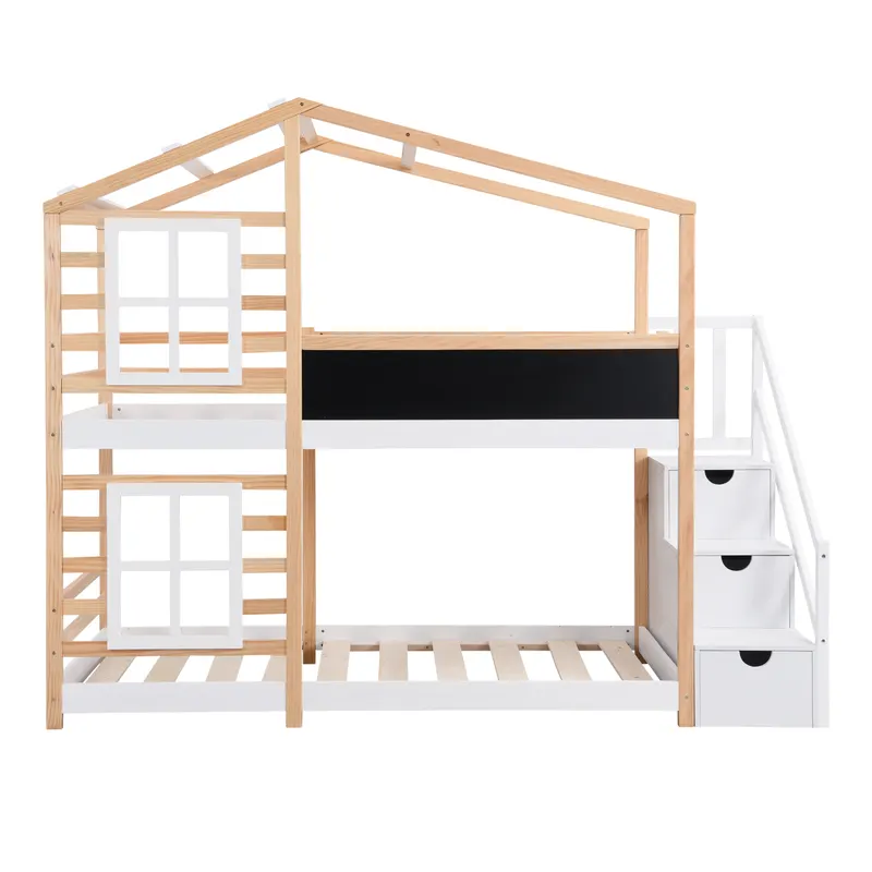 Twin Over Twin Bunk Bed House Bed with Roof Windows Blackboard β photo 2