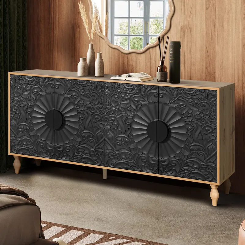 Black Carved Symmetrical Design Door and Wood Coloured Frame β photo 4