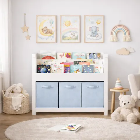 Kids Bookshelf with 3 Tier Front-facing Storage and 3 Fabric