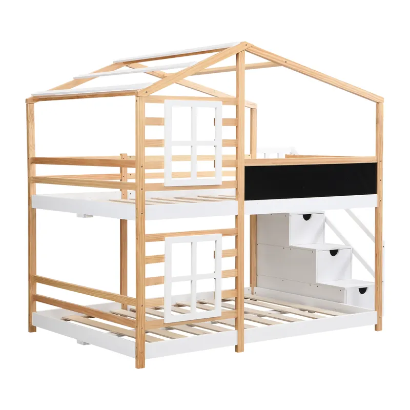 Full Over Full Bunk Bed House Bed with Roof Windows Blackboard — photo 4