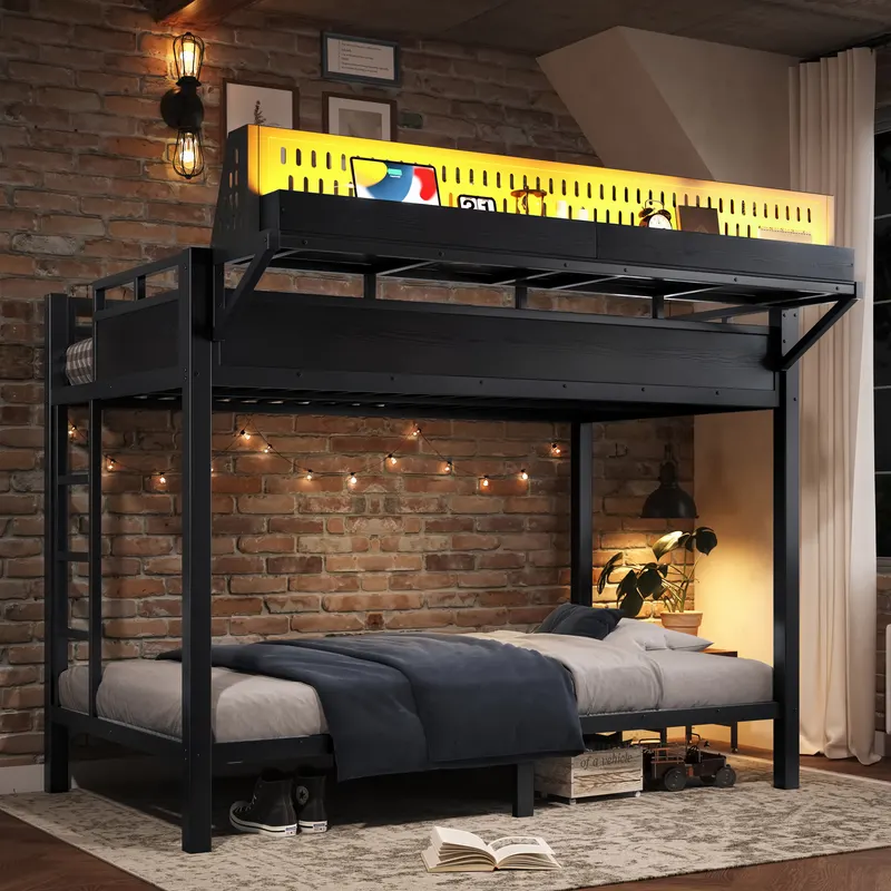 Twin XL Over Twin XL Size Metal Bunk Bed with Storage Shelves