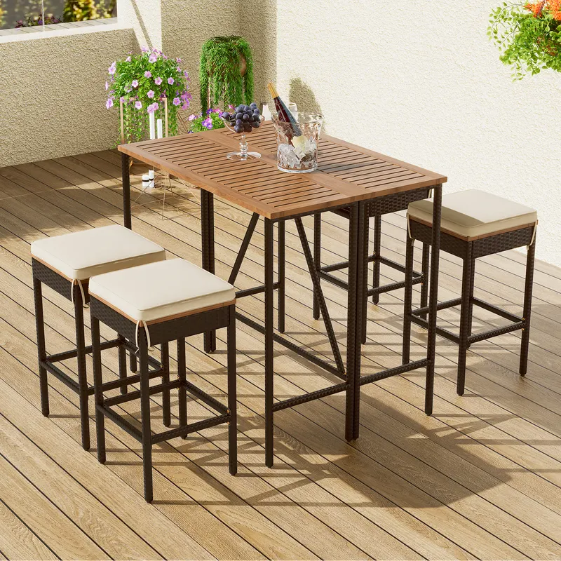 5-Piece Outdoor Acacia Wood Bar Height Table and Four Stools
