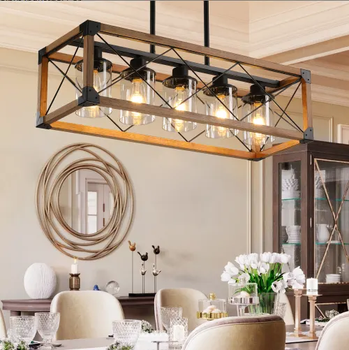 32 Inch Walnut Industrial Farmhouse Rectangle Pendant Light β photo 5