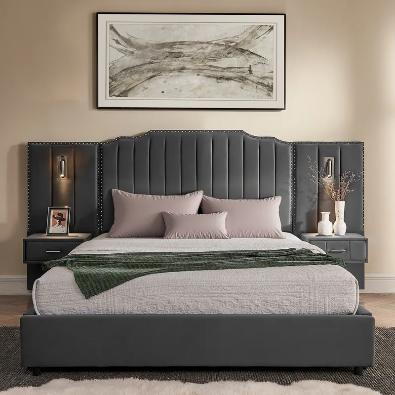 Queen Size Upholstered Bed Frame with Velvet Fabric — photo 2