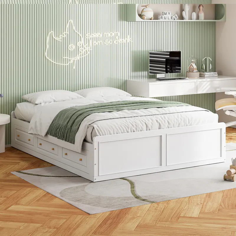 Wood Queen Size Platform Bed Frame with 6 Drawers β photo 3
