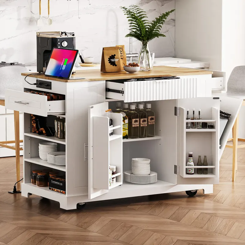 K & K Fluted Kitchen Island with Trash Can Storage Cabinet