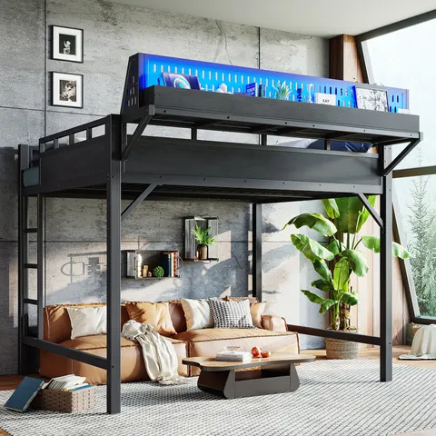 Queen Size Loft Bed Frame with Storage Shelves and Pegboard
