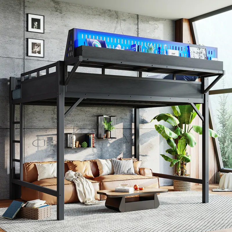 Queen Size Loft Bed Frame with Storage Shelves and Pegboard