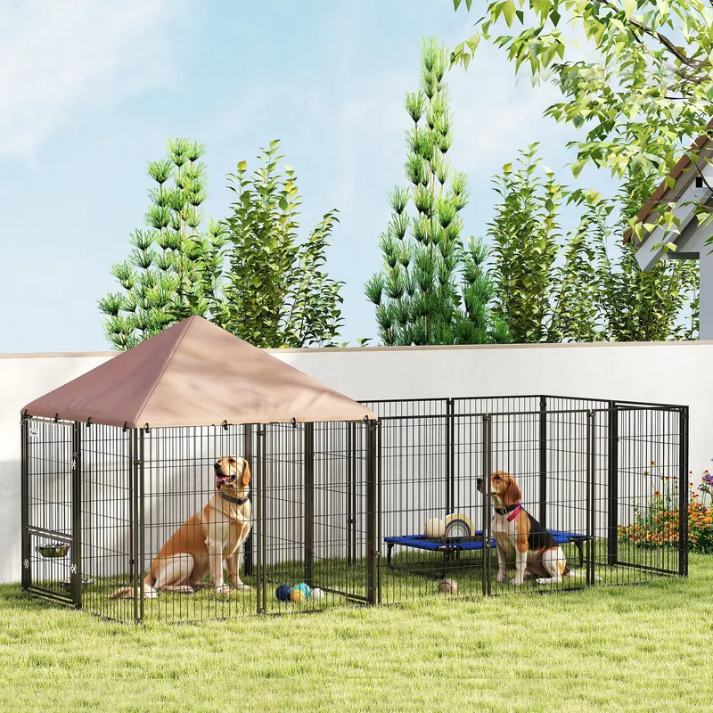 Large Outdoor Dog Kennel with Rotating & Adjustable Height Bowls — photo 2
