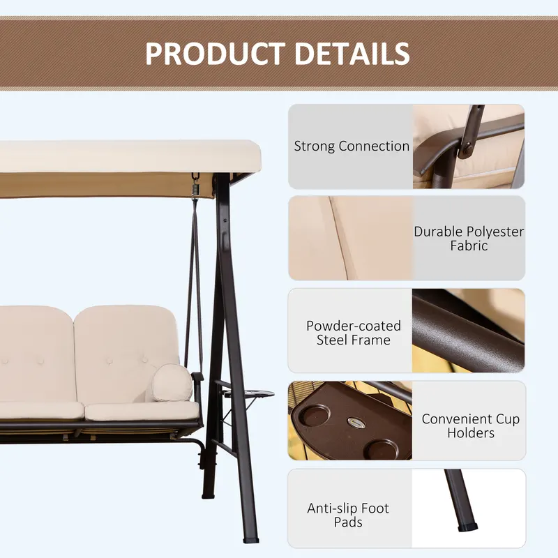 3-Seat Patio Swing Chair — Outdoor Porch Swing Glider — photo 4