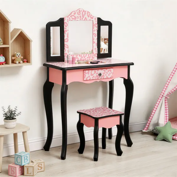 Three-fold Mirror Single Drawer Feet Children Dresser Red