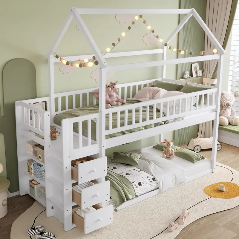 TWIN TWIN HOUSE BUNK BED WITH SHELVES AND DRAWERS FOR WHITE