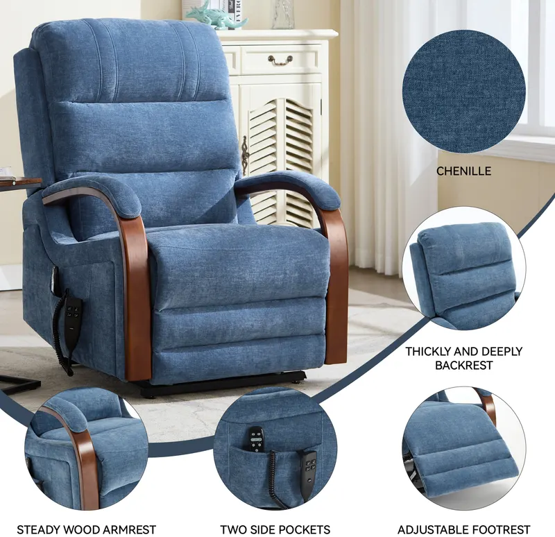 Power Blue Chenille Lift Recliner Chair Dual Motor Infinite — photo 2
