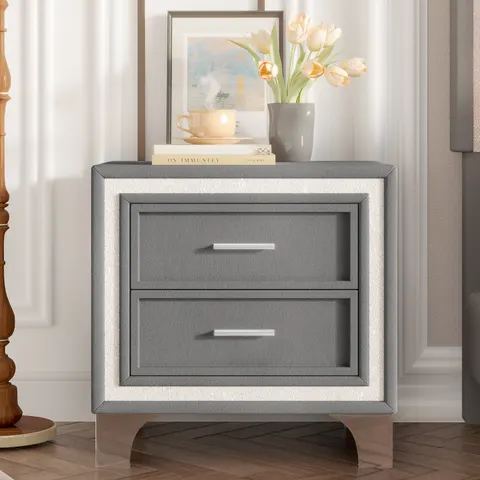 Mid Century Vintage Nightstand with Silver Glitter Strip Decor