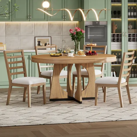 TREXM Round Dining Table for 4 with Chairs Set Extendable Dining