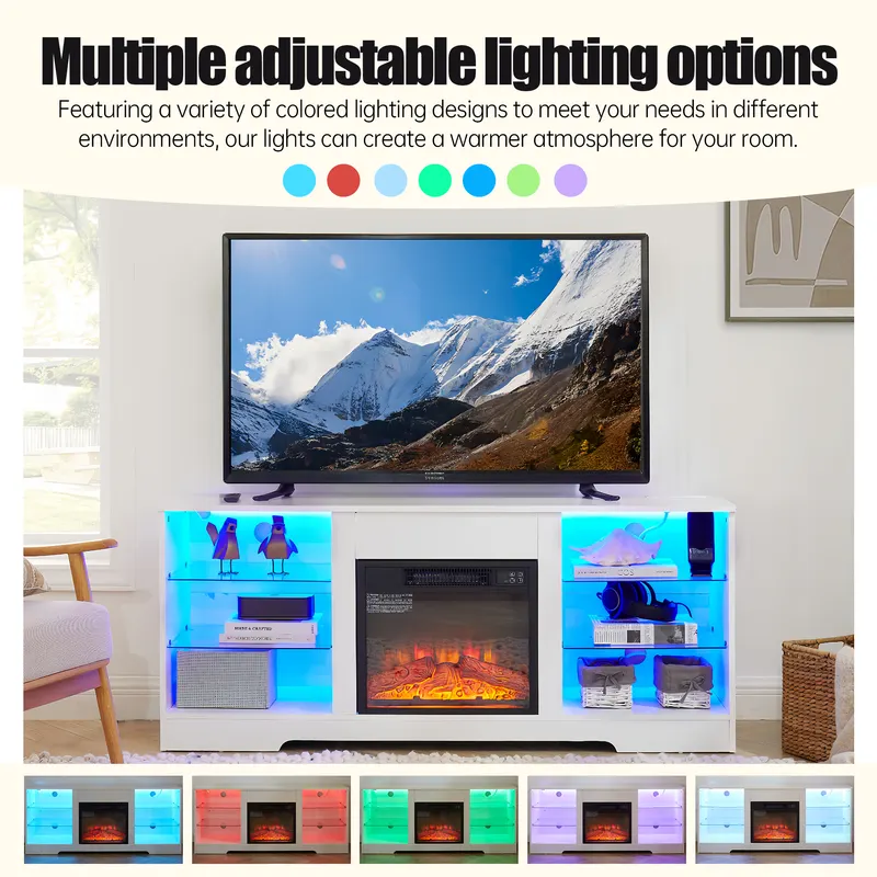 TV Stand Electric Fireplace TV Stand with Glass Shelves β photo 2