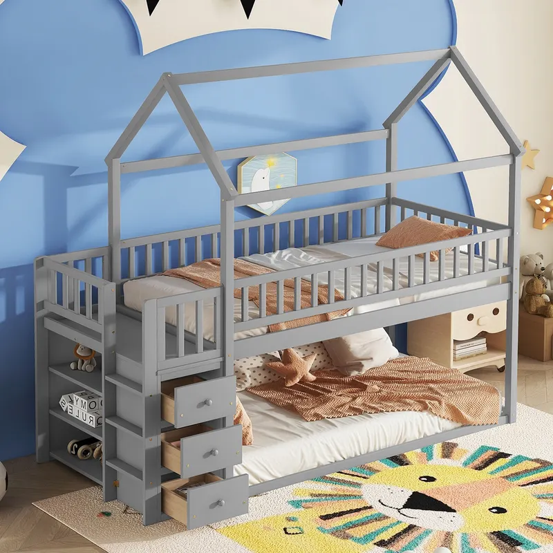 TWIN TWIN HOUSE BUNK BED WITH SHELVES AND DRAWERS FOR GREY COLOR — photo 5