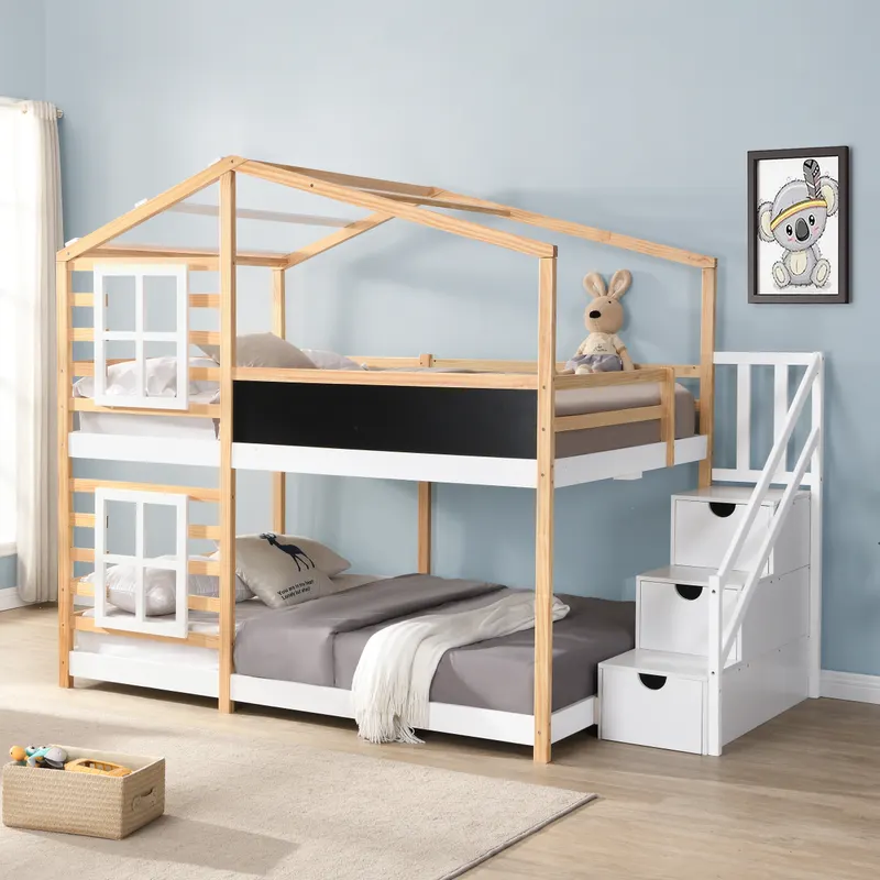 Full Over Full Bunk Bed House Bed with Roof Windows Blackboard