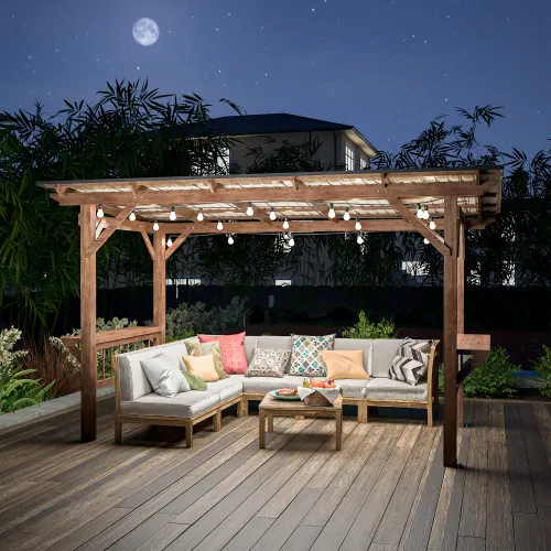 Wooden Pergola Grill Gazebo with Metal Roof & Bulbs & Bar — photo 3